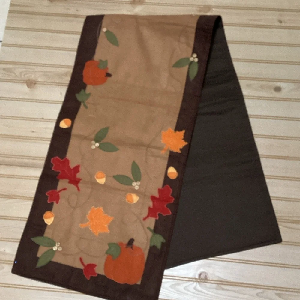 Autumn Fall Thanksgiving Pumpkin Leaves Faux Suede Table Runner Brown Tan Orange